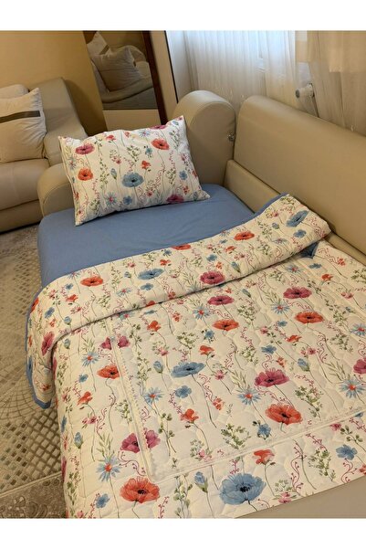 ELFİNA HOME Sürpriz Yastık& Misafir Pike Takımı Mavi Çiçek Desenli-4 Parça