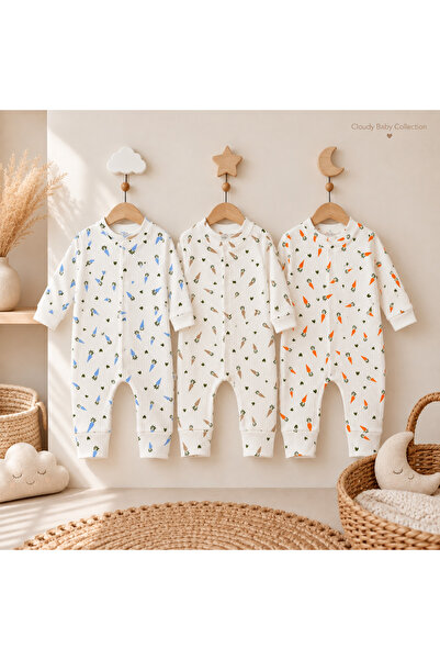 Cloudy %100 Pamuk Havuç Desenli 3'lü Bebek Tulum Seti – Yenidoğan & 0-6 Ay, Y...