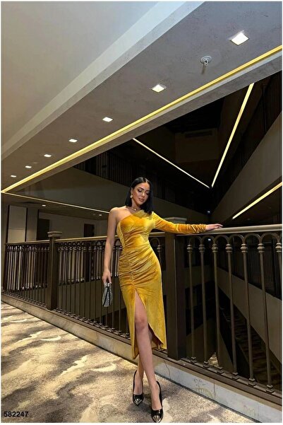 Şeker Portakalım Velvet Slit Asymmetrical Evening Dress Fabric Dress Collar Midi