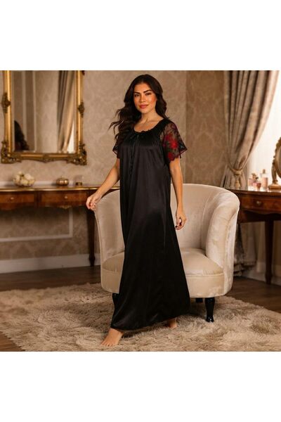 Generic Black Satin Maxi Nightgown with Embroidered Lace Sleeves for Women Sh...