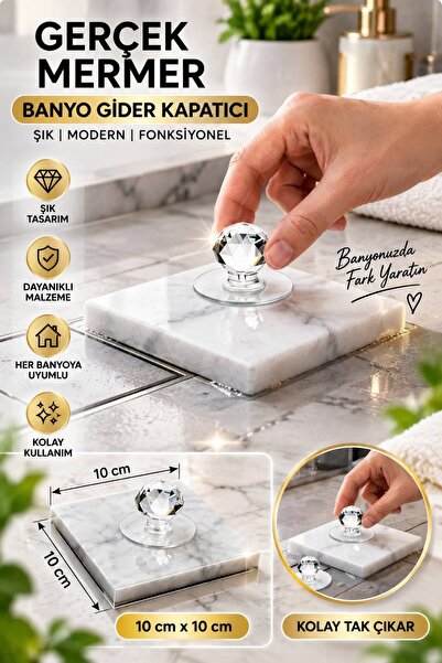 Razmo Gerçek Mermer Banyo Gider Kapatıcı 10x10 cm - Kristal Kulplu Banyo Yer ...