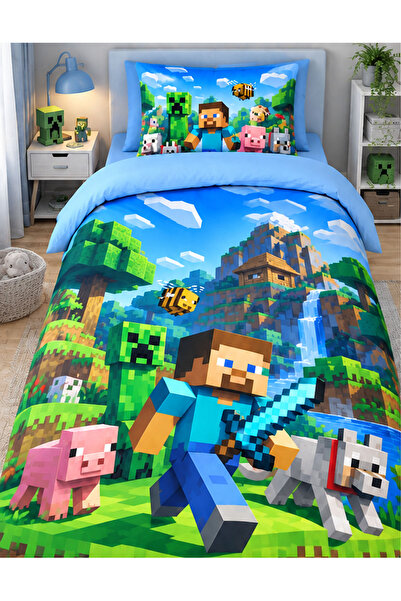 Gülceğiz Home Mınecraft Desenli 3D Dijital Baskı Tek Kişilik Nevresim home