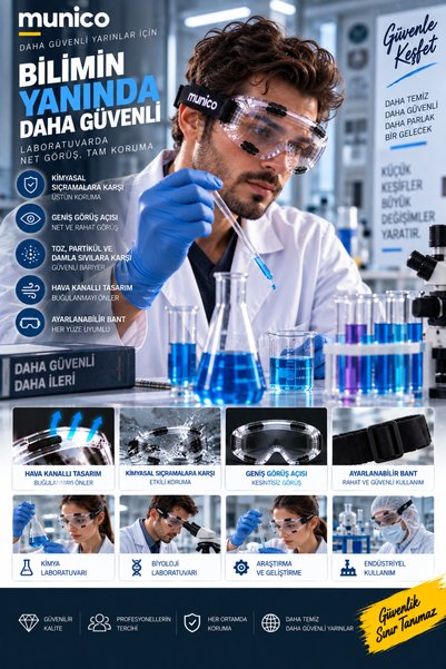 Munico 10 Adet Koruyucu Laboratuvar Gözlüğü Araştırma AR-GE Eğitim Deney ve Endüstriyel Çalışmalar