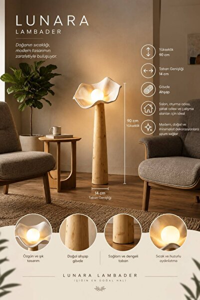EDESİNG Lunara 90 Cm Tekli Ahşap Lambader (Ampul Hediyeli)
