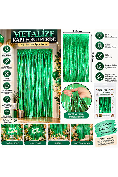 Ezgi Party Store Yeşil Metalize Kapı Fonu Perde 1x2 Metre Parlak Folyo Püskül...
