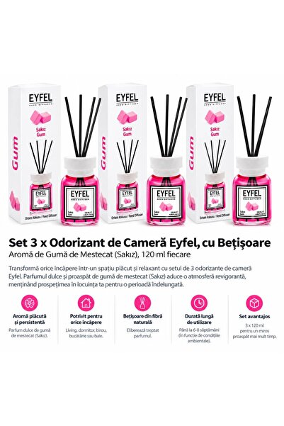 Eyfel Set 3 x Odorizant de Cameră Reed Diffuser, Aromă Gumă de Mestecat (Saki...