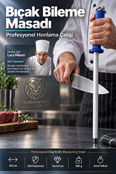 Transformacion 44 cm Profesyonel Bıçak Bileme Masadı Oval Kasap Şef Honlama Çeliği 304 Paslanmaz Çelik Saplı Bileyici 723678