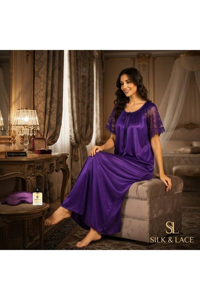 Generic Women's Silk Satin and Lace Maxi Nightgown, Purple, Flared Lace Sleeves, Full Length, Open Neck, Front Tie Details