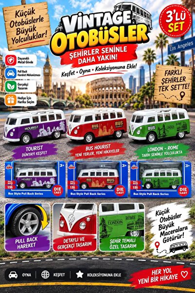 wappa 3LÜ SET Çek Bırak Metal Minibüs Oyuncak KIRMIZI, MOR, YEŞİL RENK Çek Bı...