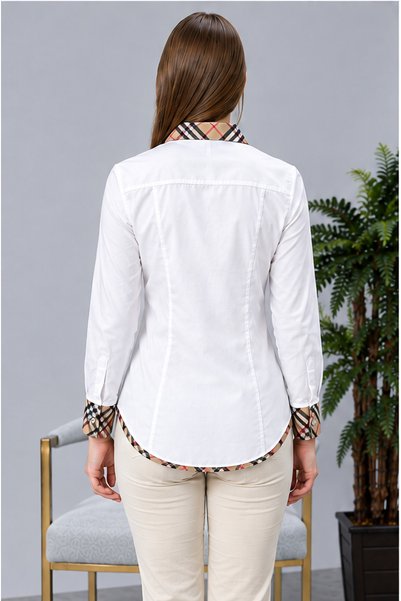 FARQIN White Cotton Satin Beige Brbry Collar Cuff Back Skirt Detailed Slim Fit Women's Shirt