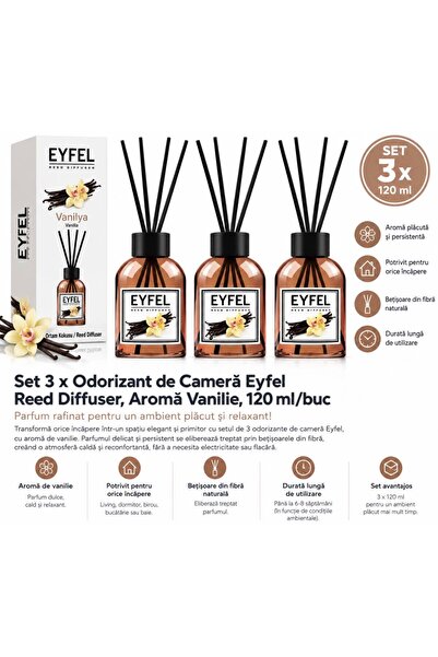 Eyfel Set 3 x Odorizant de Cameră Reed Diffuser, Aromă Vanilie, 120 ml/buc, B...