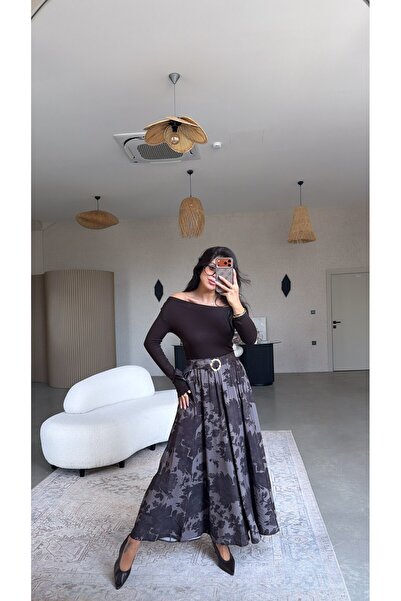 Buket Teke Brown Floral Long Elastic Skirt with Gold Buckle