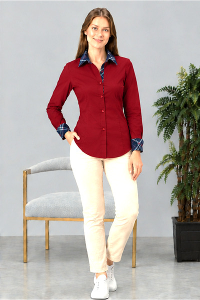 FARQIN K. Red Cotton Satin Laci Brbry Collar Cuff Back Skirt Detailed Slim Fi...