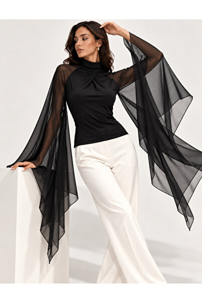 LOKADI Women's Black Stand Collar Chiffon Cape Sleeve Evening Dress Blouse St...