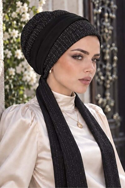 Aişe tesettür Siyah Fitilli Işıltılı Atkılı Bone