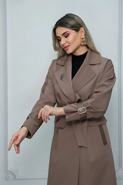 Eccim Fashion Deri Kol Detaylı Broşlu Maxi Boy Kadın Trençkot