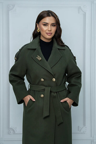 Eccim Fashion Deri Apoletli Düğme Detaylı Broşlu Büyük Beden Maxi Boy Kadın P...