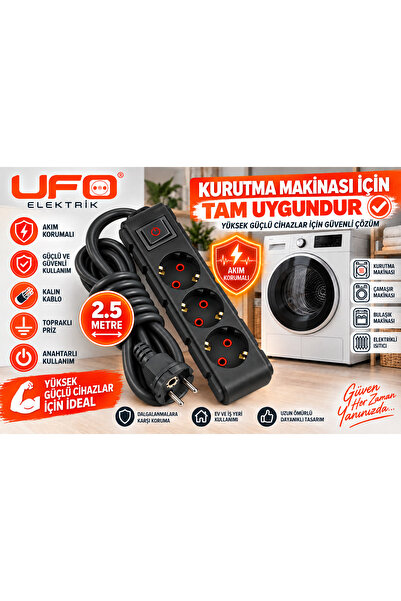 UFO 2.5 Metre Kurutma Makinesi Uzatma Kablosu 3x2,5 mm² Bakır Kablo 16A Topra...