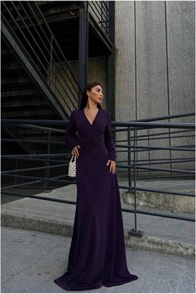 Şeker Portakalım Crepe Slit Maxi Evening Dress Fabric Dress with Collar and D...