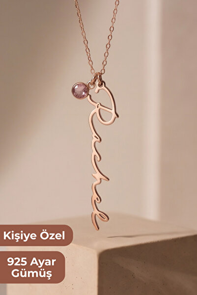 Kadın 925 Ayar Gümüş Kişiye Özel Dikey İsimli Doğum Taşlı 14K Rose Altın Kaplama Kolye Kadın Hediyelik Minimal Tasarım