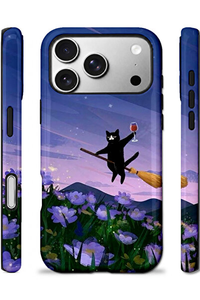 EDELFU iPhone 17 PRO Uyumlu - Uçan Cadı Kedi, Çift Katmanlı Kapak, Parlak Yüzey Koruyucu Kılıf