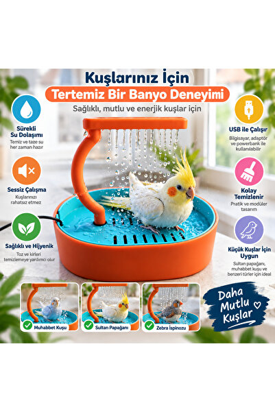 İKONİXPET Otomatik Kuş Banyosu ve Duşu USB Devridaimli Su Akışlı Muhabbet Kuş...