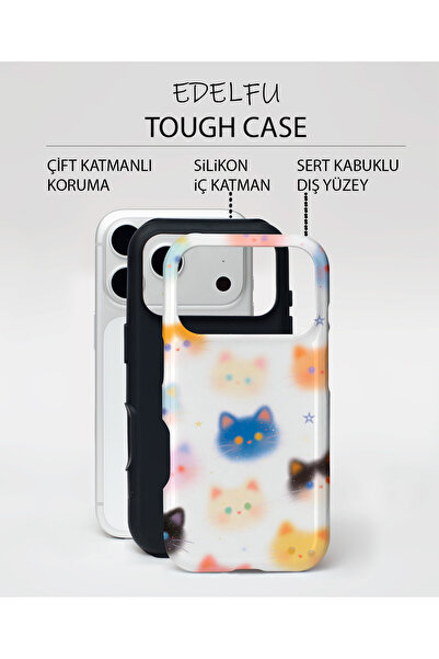 EDELFU iPhone 17 PRO Uyumlu - Renkli Kediler, Çift Katmanlı Kapak, Parlak Yüzey Koruyucu Kılıf