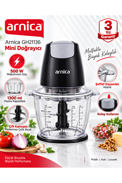 Arnica GH21136 Mini Doğrayıcı – 500 W Güç, Çift Katmanlı Paslanmaz Çelik Bıça...