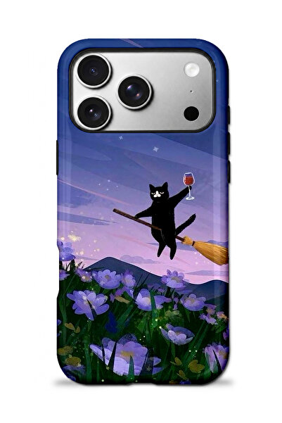 EDELFU iPhone 17 PRO Uyumlu - Uçan Cadı Kedi, Çift Katmanlı Kapak, Parlak Yüzey Koruyucu Kılıf