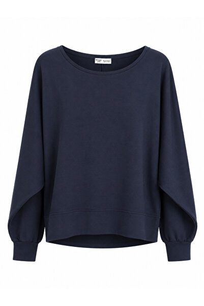 Buket Teke Navy Blue Off-The-Shoulder Modal Long Sleeve Blouse