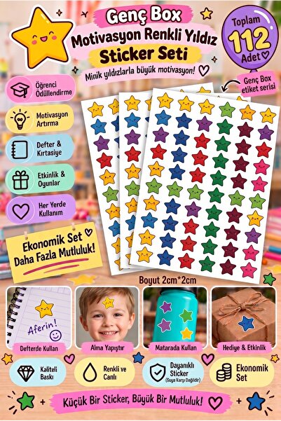 Genç Box Renkli Gülen Yıldız Sticker Seti – Öğrenci Ödül Stickerı – Motivasyo...