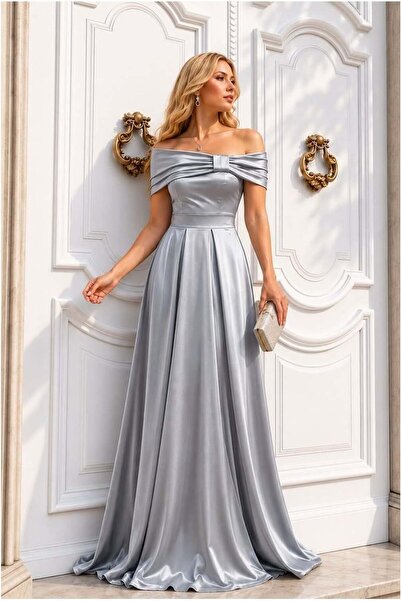 Butik Kadın Yeni Sezon Saten Kumaş Straplez Maxi Abiye Elbise