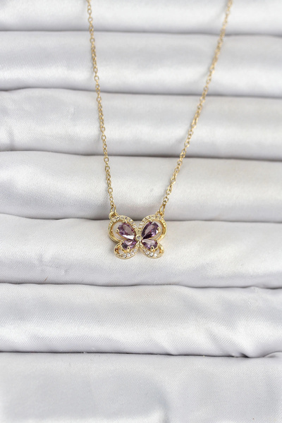 Lovesta Home 316L Steel Chain Gold Color Purple Model Women's Necklace Tj-Bko...