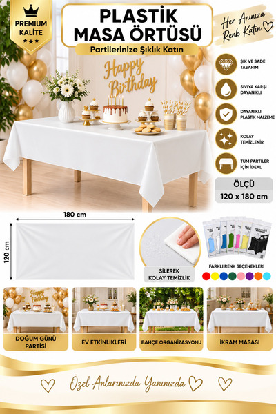 Ezgi Party Store Beyaz Plastik Masa Örtüsü 120x180 cm Sade Doğum Günü Parti N...