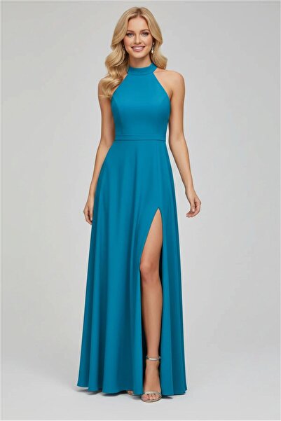 Şeker Portakalım Women's Slit Maxi Open Evening Dress Shoulder Fabric Dress L...