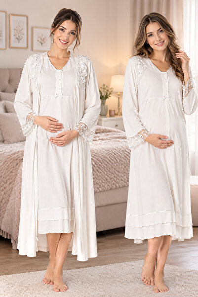 by İGP Cotton Maternity and Postpartum Dressing Gown and Nightgown Set with N...