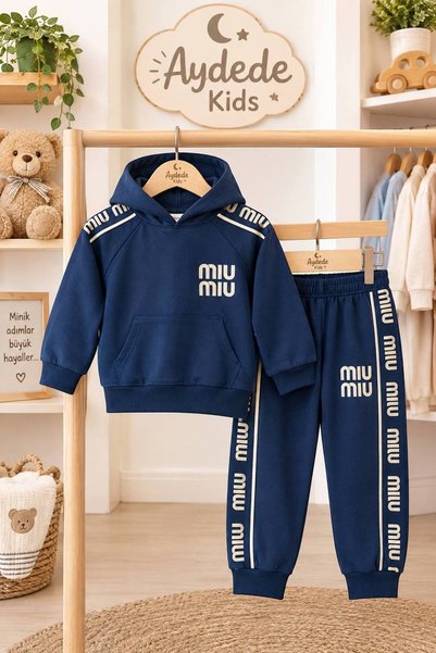 AYDEDE KİDS Boys' 2-Piece Tracksuit Set with Hooded Sweatshirt and Navy Blue Bottoms