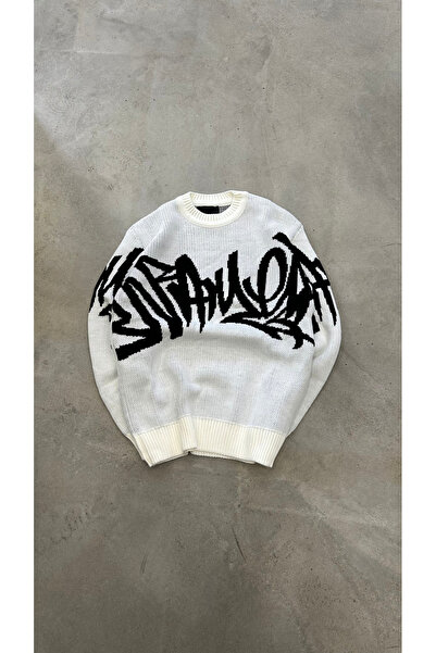 Genel Markalar Graffiti Desenli Oversize Bisiklet Yaka Triko Kazak