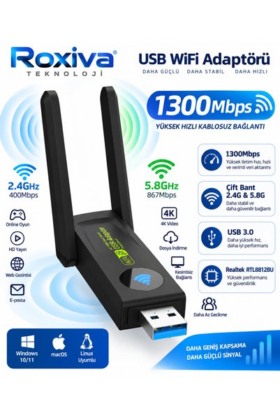 ROXİVA USB WiFi Adaptörü Çift Bant 2.4GHz & 5GHz USB 3.0 Kablosuz Ağ Alıcısı