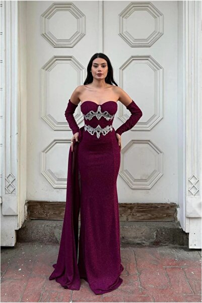 Şeker Portakalım Stone Detailed Evening Dress Long Sleeves