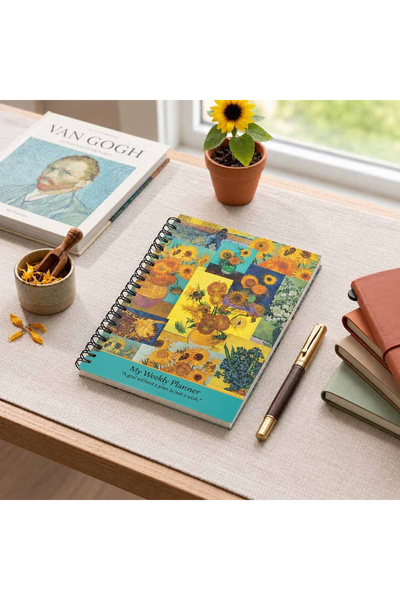meridox Van Gogh Ayçiçekleri Kolajı Sert Kapak Spiralli Haftalık Planlayıcı Defter