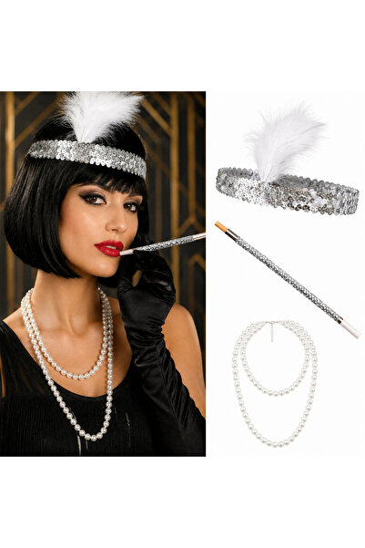 Lovesta Home 1920S Gatsby Silver Party Set - Charleston Headband, Pearl Neckl...