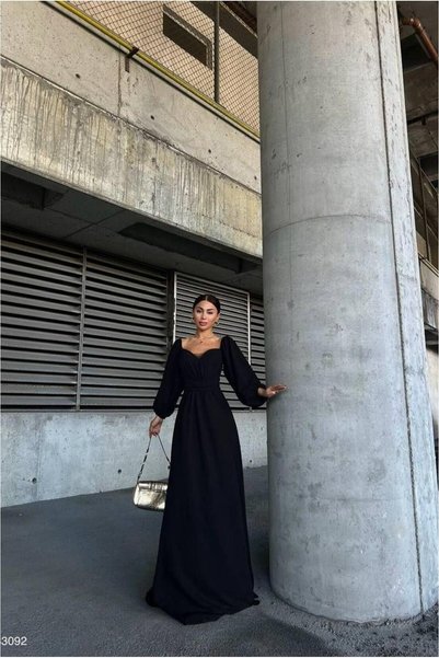Butik Kadın Saten Kumaş Kare Yaka Maxi Abiye Elbise