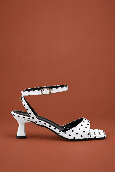 UNDERRATED Women's White Satin Polka Dot Square Toe Ankle Strap Thin Heel San...