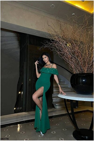 Şeker Portakalım Stone Maxi Detailed Evening Dress with Straps
