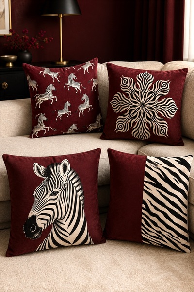 EVPANYA Burgundy Floor Zebra Patterned 4-Piece Throw Pillow Cover Set