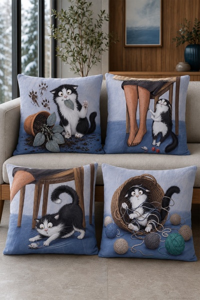 EVPANYA Player Cat Patterned 4-Piece Throw Pillow Cover Set