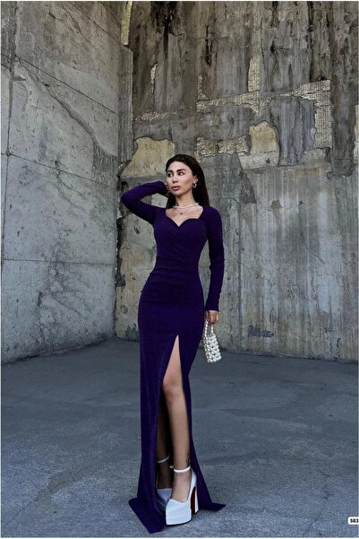Şeker Portakalım Woven Slit Square Evening Dress Fabric Dress Collar