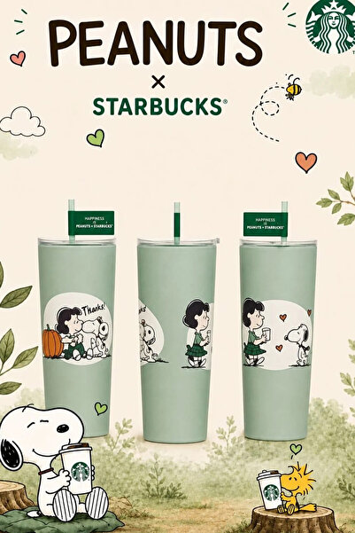 Starbucks Peanuts Lucy ve Snoopy Temalı Pipetli Paslanmaz Çelik Soğuk Içecek Bardağı 710ml - Limited Edition