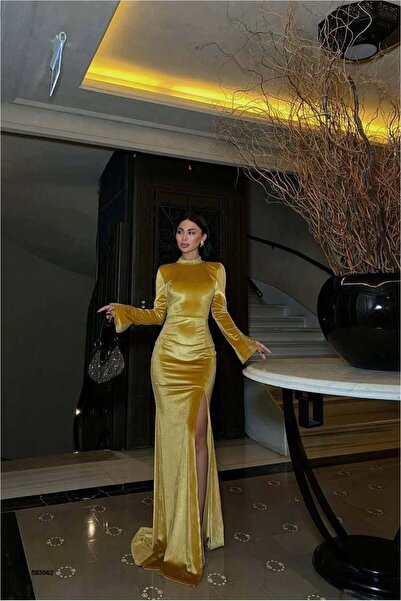 Şeker Portakalım Satin Slit Bicycle Evening Dress Fabric Dress Collar